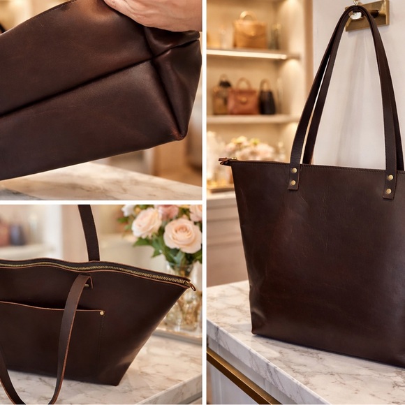 Classic Dark Brown Leather Tote Bag - Picture 2 of 5